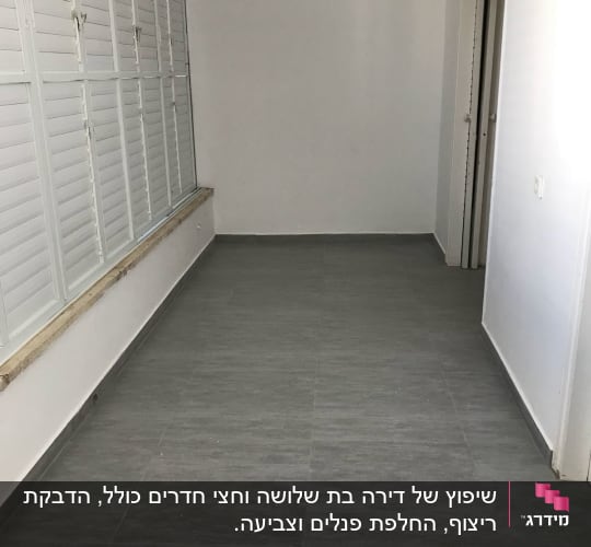 רצפת אריחים אפורה וקירות לבנים בחדר ריק